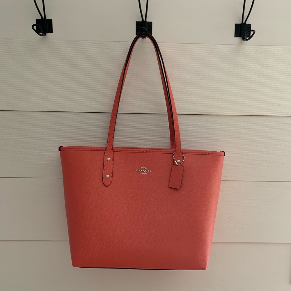 Coral Coach Crossgrain Leather City ZIP Tote
